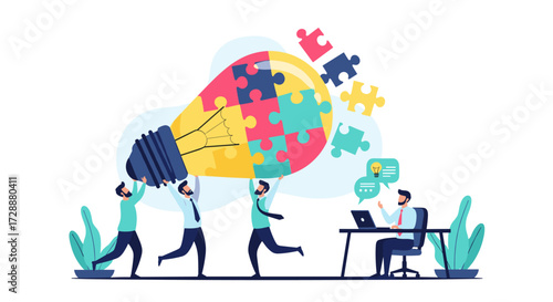 Teamwork and collaboration building a creative idea lightbulb together contributing to innovative solutions.