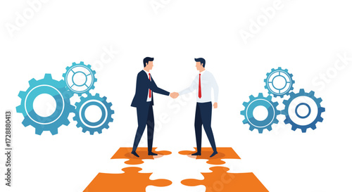 Businessmen shaking hands over puzzle pieces with gears symbolizing collaboration.