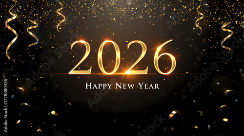 2026 Happy New Year background in elegant vector style with glowing numbers, sparkling confetti, and festive design, perfect for greeting cards, banners, and posters.