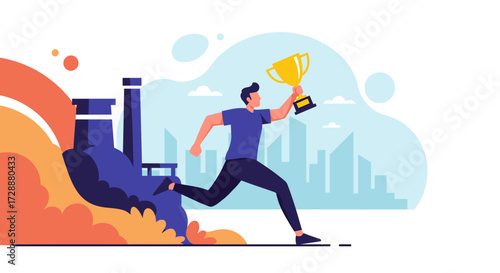 A successful man running with a trophy in his hand with a city skyline in the background.