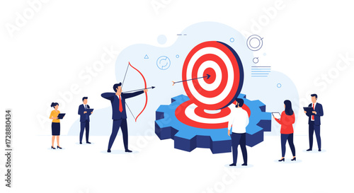 Strategic business team focusing on achieving goals and hitting targets with precision.