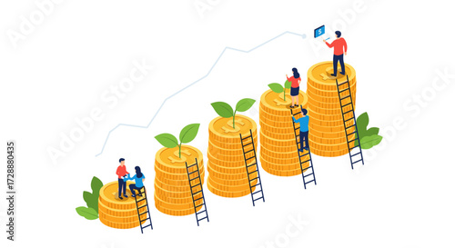 People climbing ladders up stacks of coins illustrating financial growth and investment success.
