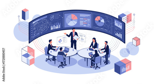Team meeting presenting data analytics and business strategy insights for future growth.