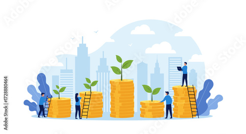 Illustrating the concept of financial growth and investment strategies with growing stacks of coins and green plants.