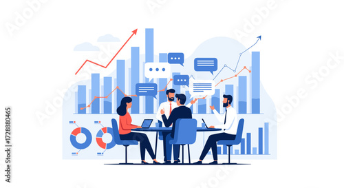 Business team collaborating on a project with data analysis and growth charts displayed in the background.