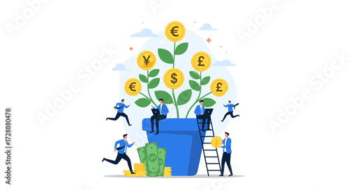 Business people nurturing a money plant for financial growth and investment success.