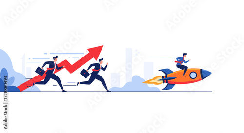 Businessmen race ahead on a red arrow chart towards a rocket ship ascending into the sky.
