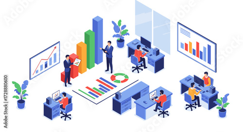 A professional team analyzing and presenting complex business data visually in a modern office.