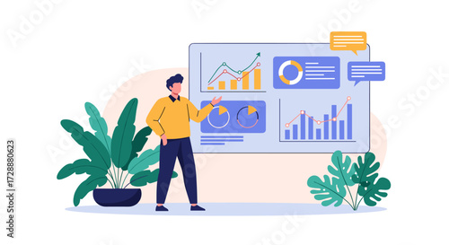 A person presenting data on a digital board in a bright room with plants.