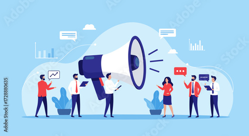 Diverse individuals gathered around a giant megaphone announcing important news and information.