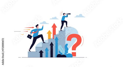 Business professionals striving for success climbing stairs with a question mark symbolizing uncertainty.