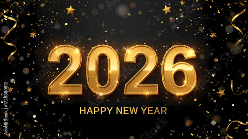 2026 Happy New Year background in elegant vector style with glowing numbers, sparkling confetti, and festive design, perfect for greeting cards, banners, and posters.