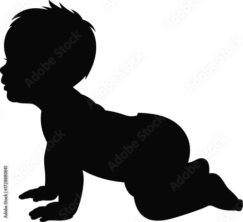 Vector illustration of baby crawling silhouette, cute infant profile, child growth stage, newborn development concept, black child icon for parenting, family and childhood design