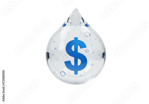 Blue dollar sign inside a water drop PNG illustration isolated on transparent background Financial concept Investment