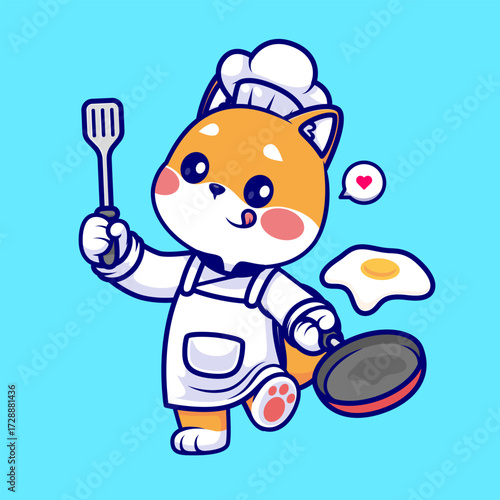 Cute Shiba Inu Dog Chef Cooking Egg Fried Cartoon