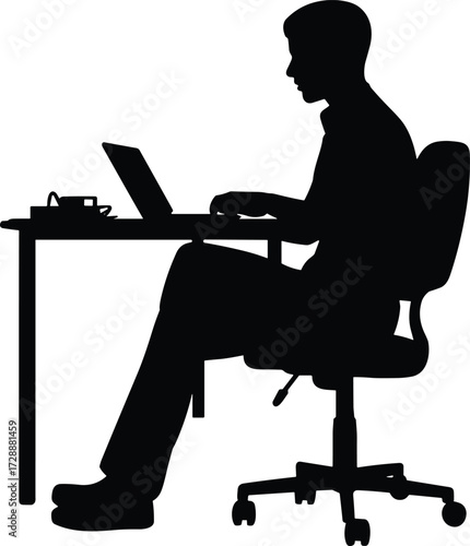 Vector illustration of man working on laptop, office worker silhouette sitting on chair at desk, business professional icon, workplace concept design element