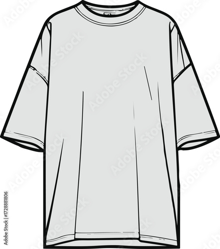 Minimalist oversized t-shirt fashion sketch, bold black lines, white background, editorial style