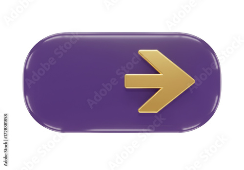 Purple button with golden arrow PNG illustration isolated on transparent background for web design and user interface elements