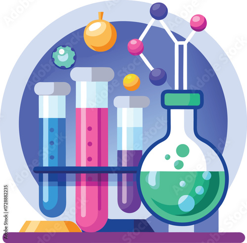 Scientific Research Lab with Molecular Structure and Chemical Test Tubes