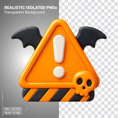 Halloween warning sign with bat wings and skull exclamation mark icon Transparent PNG file ready to be used.
