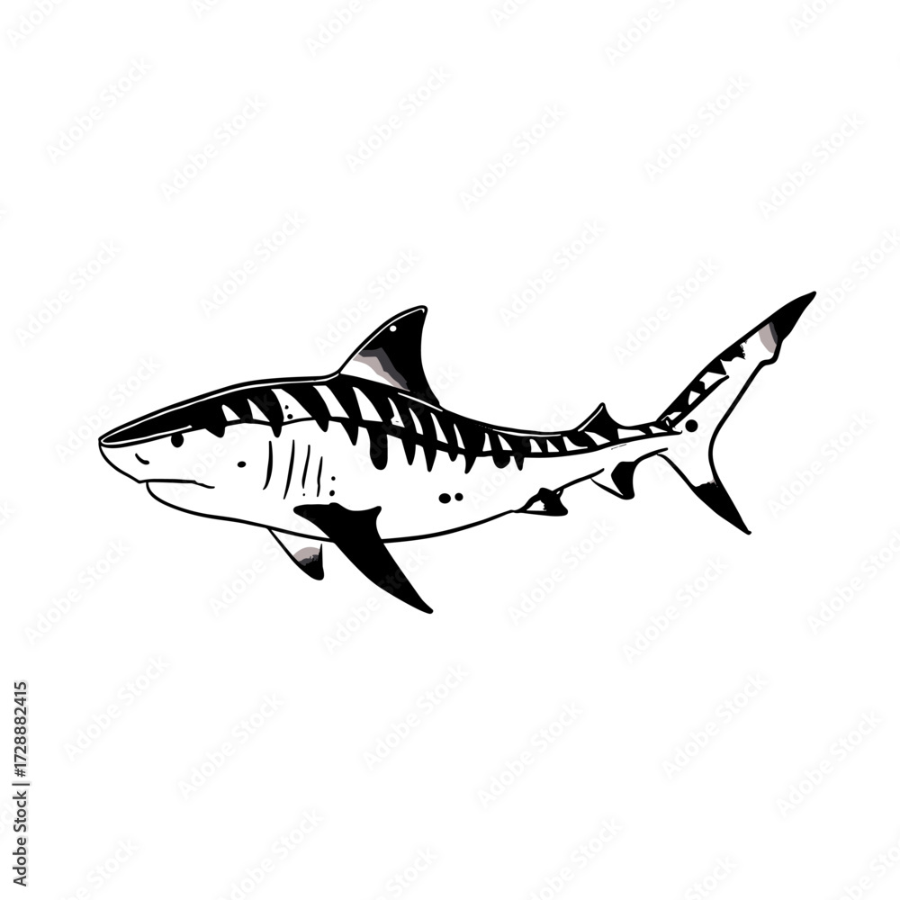 Obraz premium Tiger Shark. Tiger Shark simple black and white line art vector logo