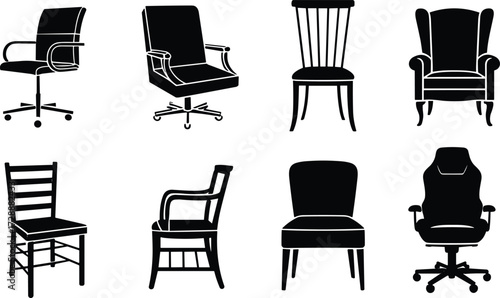 Vector illustration of diverse chair silhouettes, office chairs, wooden chairs, modern armchairs, vintage furniture icons, black seating elements for interior decoration and design concepts