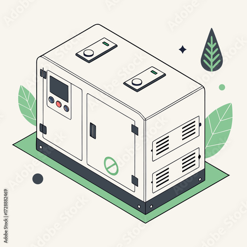Isometric isolated vector of a silent generator unit with engine motor and protective box for industry and construction use.