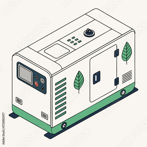 Industrial and construction equipment illustration showing a silent power generator in a cupboard box, isometric isolated.