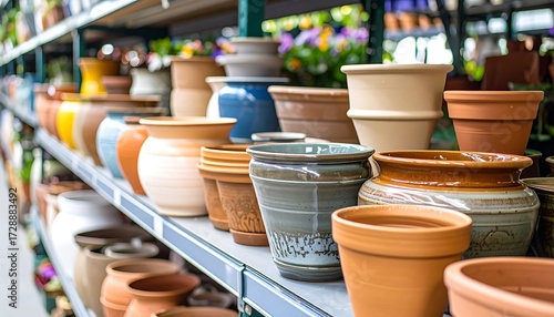 Assorted ceramic flowerpots on store shelves