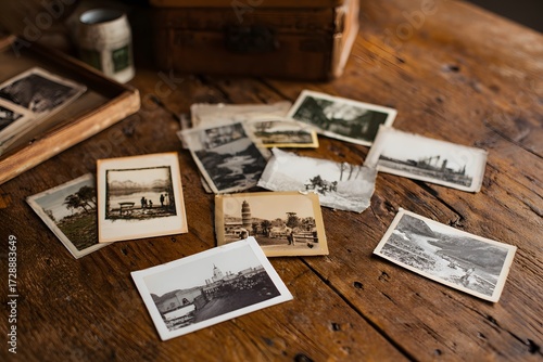 Old Travel Postcards Arranged on a Wooden Table Showing Memories from Different Places