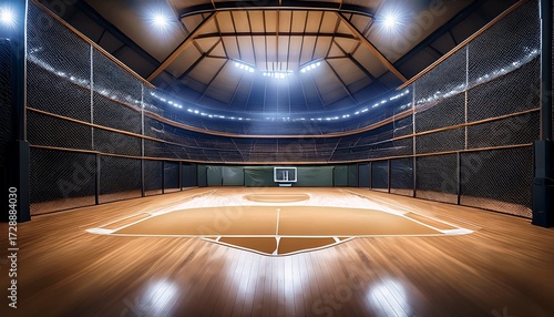 immersive indoor baseball batting cage with dynamic lighting and deep perspective