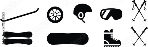Winter sports equipment vector icons, skiing and snowboarding gear silhouettes, helmet, goggles, poles, snowboard, ski boots, isolated black illustration collection