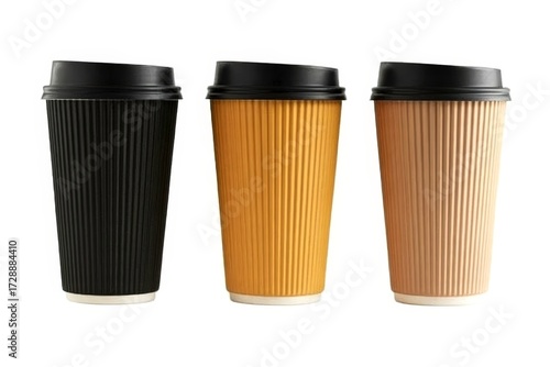 Wallpaper Mural Three Takeaway Coffee Cups in Black, Orange, and Tan with Ribbed Design and Lids Torontodigital.ca