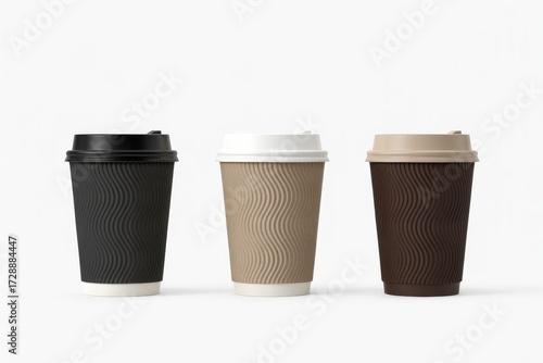 Wallpaper Mural A trio of takeout coffee cups featuring textured wavy sleeves in black, beige, and brown. Ideal for lifestyle, cafe branding, or product styling, conveying everyday warmth and modern design. Torontodigital.ca
