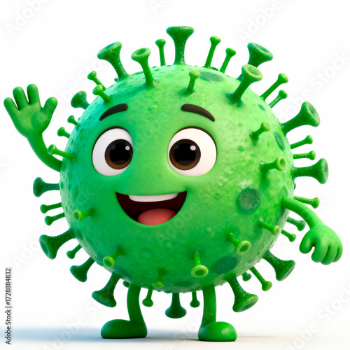 Cute green virus cartoon character waving hello.