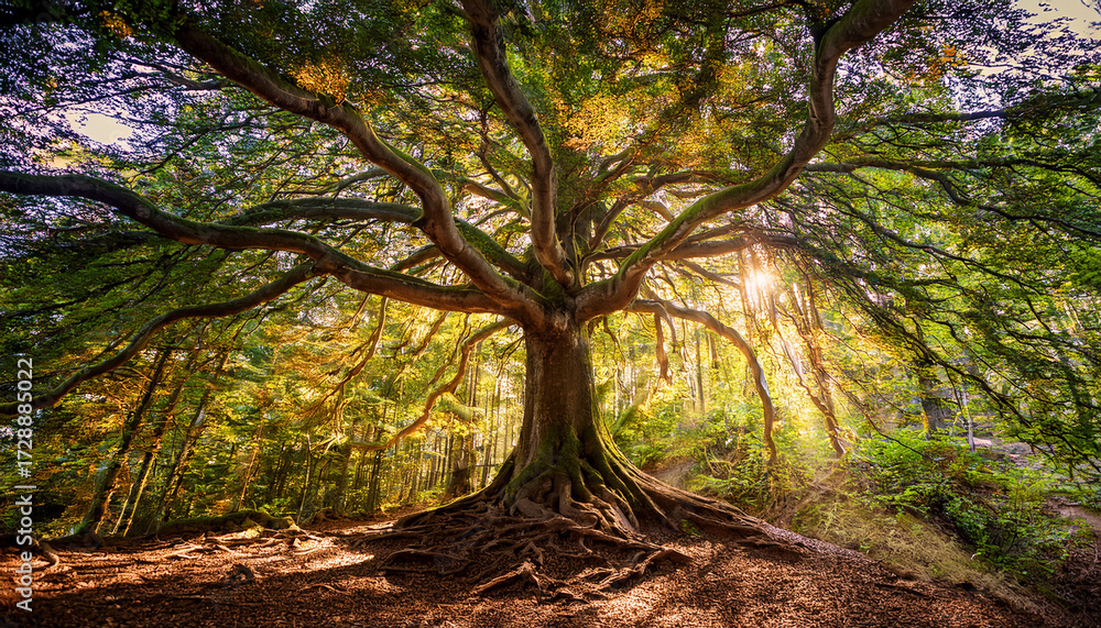 Fototapeta premium Majestic Tree With Intricate Roots In A Sunlit Forest