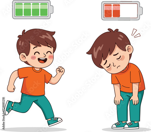 PrintCartoon boy full of energy running and tired exhausted boy with low battery, kids health, power level, lifestyle illustration