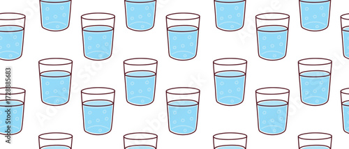 Seamless pattern with blue water glasses for rinsing mouth. Dental hygiene background for oral care, dentist, clinic and daily routine design.