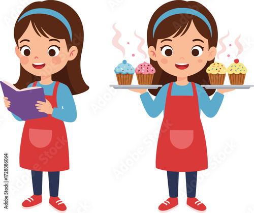 PrintCartoon girl reading recipe book, baking cupcakes illustration, child learning cooking, cute vector character, homemade dessert, kitchen activity, food education