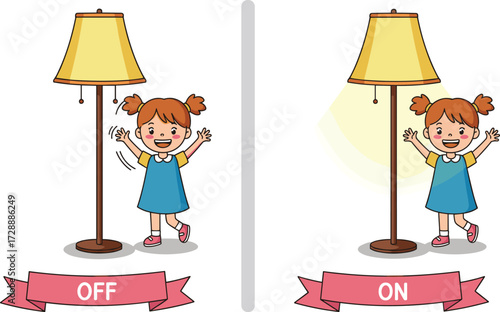PrintCartoon girl switching lamp, light on and off, electricity concept, child learning, power energy illustration, home lamp control education