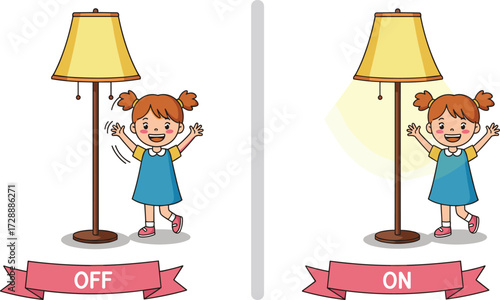 PrintCartoon girl switching lamp, light on and off, electricity learning illustration, home energy concept, child education, power control, study material