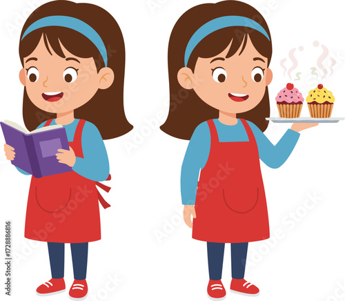 PrintCute girl reading recipe book and baking delicious cupcakes, wearing red apron, smiling child holding tray with fresh muffins, cooking illustration