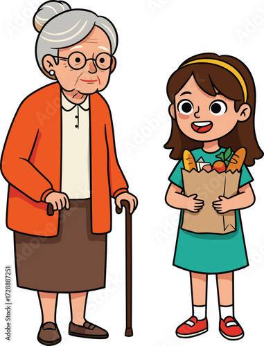 PrintHappy little girl helping elderly woman with groceries, senior care, kindness, family support, intergenerational love, shopping assistance, community care, healthy lifestyle