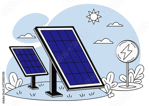 Outdoor Solar Panel Installation on Grassy Field with Plants, Angled Photovoltaic Arrays Under Clear Sky with Sun, Clouds, and Bright Energy Symbol