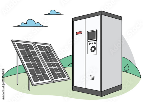Outdoor Solar Panel Arrays Beside Electrical Cabinet and Inverter Unit Under Clouds Among Hills and Trees Showcasing Renewable Energy Power System