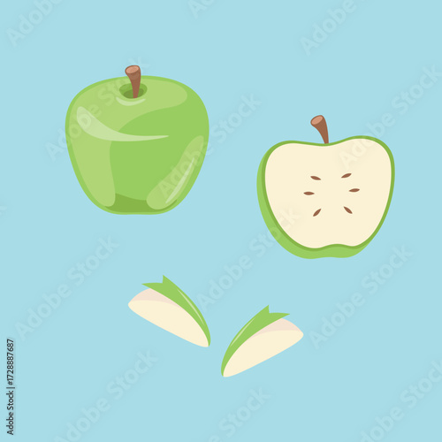 Set of isolated colored green apple half, slice and whole juicy fruit. Green apple vector collection. Set of fresh organic healthy fruit.