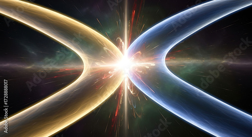 Dynamic cosmic collision outer space digital art sci-fi environment wide-angle view quantum concepts