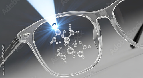 Uv light interaction with molecular structures in eyewear innovative technology showcase indoor laboratory close-up view science concept