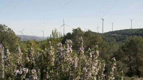 Windmills on a blue sky background