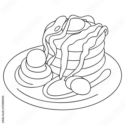  Pancake Stack with Syrup and Butter Vector outline on white background